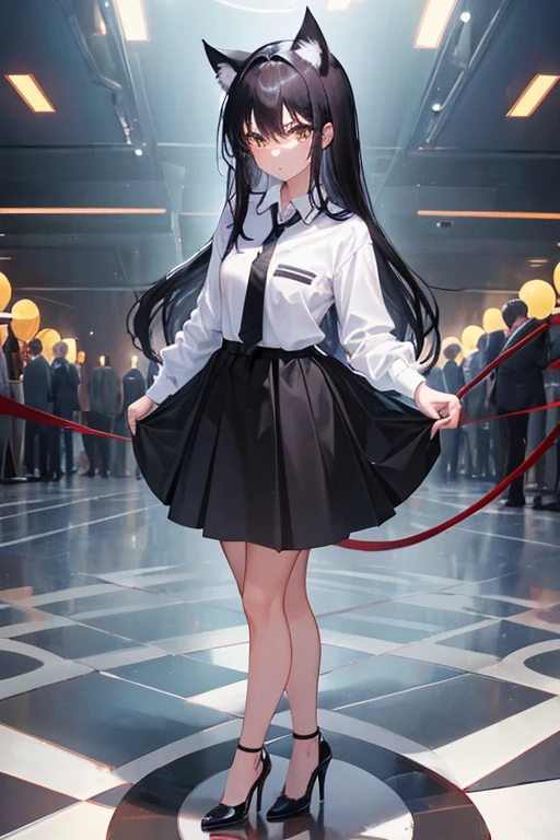 Black Hair，Black clothing，Cat ear，Girl，Poker face，tie，Standing，whole body，Black high heels