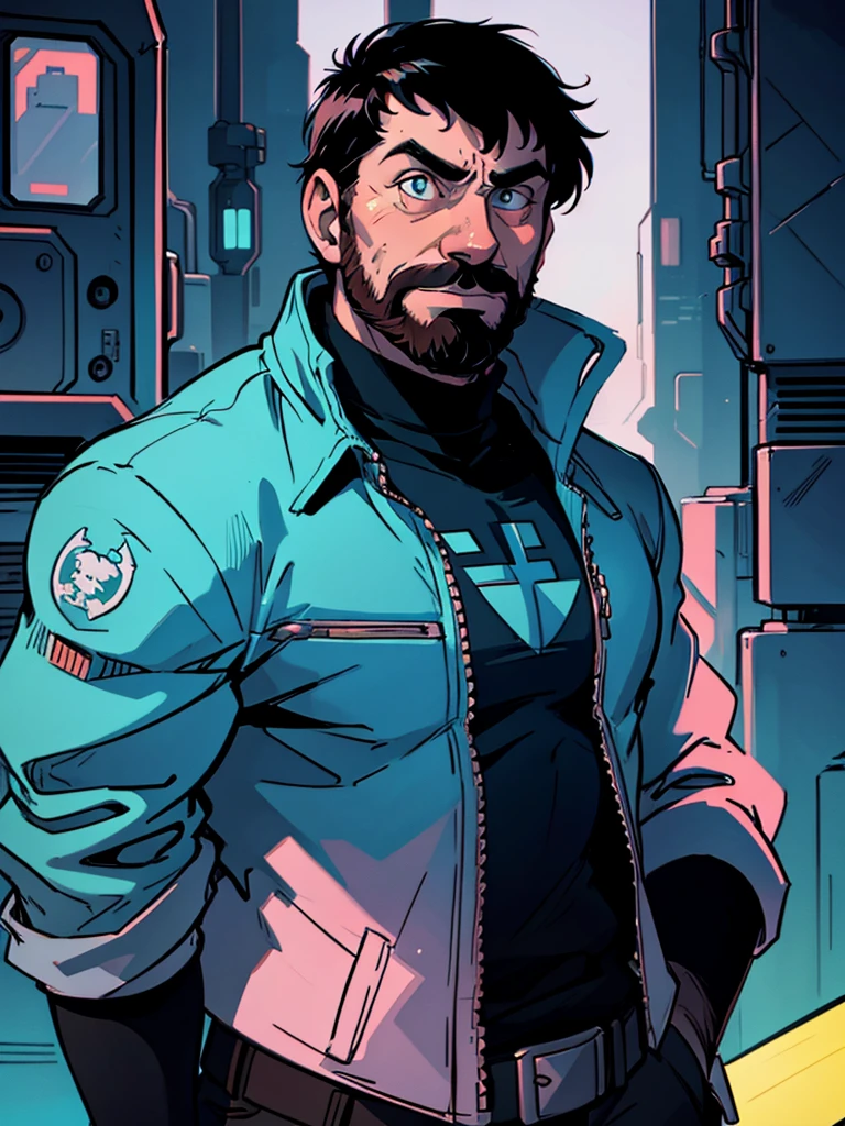 Portrait of Captain Haddock from Hergé's comics, but this is a cyberpunk style in neon colors.