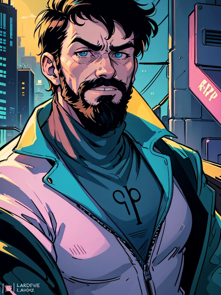 Portrait of Captain Haddock from Hergé's comics, but this is a cyberpunk style in neon colors.