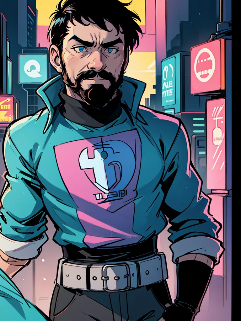 Portrait of Captain Haddock from Hergé's comics, but this is a cyberpunk style in neon colors.