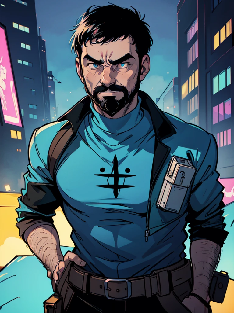 Portrait of Captain Haddock from Hergé's comics, but this is a cyberpunk style in neon colors.