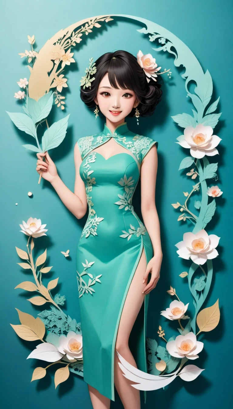 (Paper art,layered Paper art,Roll paper,Paper Cutting,Paper sculpture), 1 Cheongsam woman,fit,Perfect proportion,Exquisite hair accessories, whole body, Smile,Oriental elements,Simple background, Mint Green, (Soft lighting, Bokeh)