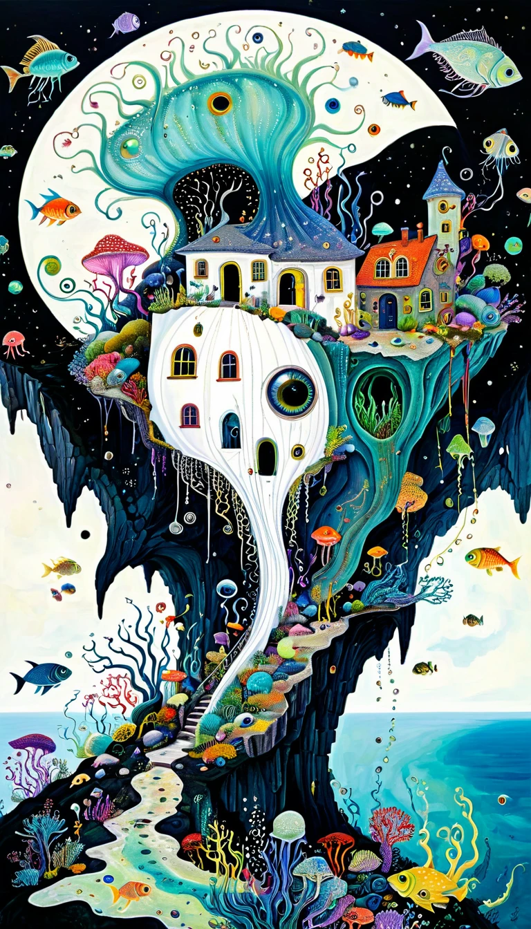 &quot;Dick Ellescas Artist Style&quot;,a house on a cliff，Fish in the sky，Tentacles，Eye、diatom，Stitching together an abstract painting，Describing the inner world of autistic people，Sense of space，White Space，interesting，Innocence，Psychedelic Art，Dark Theme