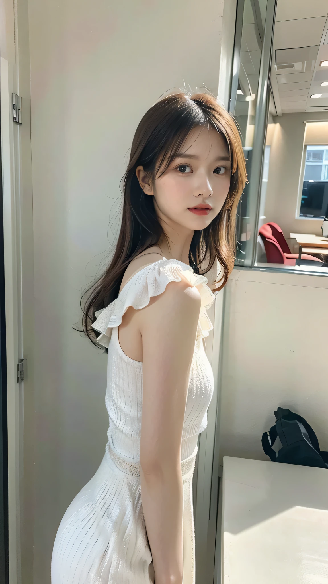 (8K、RAW photography、Highest quality、masterpiece:1.2)、(Realistic、Photorealistic:1.37)、Ultra-high resolution、One Girl、cute、solo, Browsing Caution,Highest quality,masterpiece,8K,Droopy eyes,Big Breasts,Beautiful breasts, Inside the office, Model Shooting Locations, Sexy pose, Wearing a white dress, Highly detailed face, Highly detailed lips, Fine grain, double eyelid, Exquisite detail and subtle sparkle, Photograph her in poses that reflect both grace and confidence, Enhance visual effects with cinema lighting. Use modern 2D design for the background, Create beautiful, balanced compositions. Enhance the scene with elements such as depth of field, bloom effect, And a touch of sparkle, Add a dreamy texture to the overall image. Pay close attention to detail