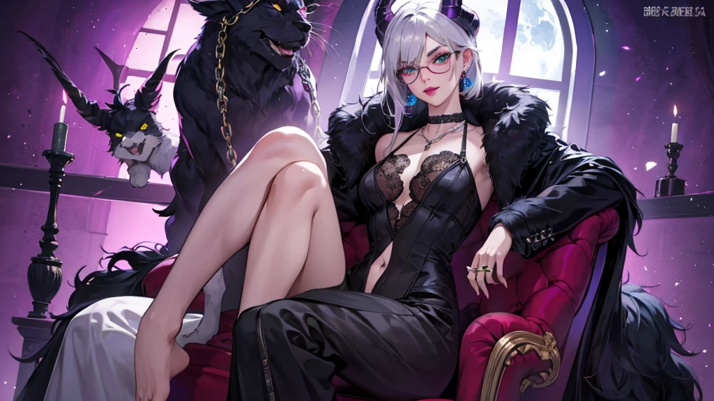8k, masterpiece, best quality, highly detailed, 1 girl, tiefling, warlock, multicolored hair, very short straight hair green highlight hair on white hair, strippled hair, wearing glasses, round glasses, earrings, red eyeshadow, long eyelashes, navel piercing, blushed cheek, red lips, necklace, rings, collarbone, mole, glamorous, purple and teal clothing, villainy, smirk, seductive face, close up view, rings, looking at viewer, demon horns, solo, royal dress, black lace gloves, fur coat, palace, blue pale moon, sitting on throne