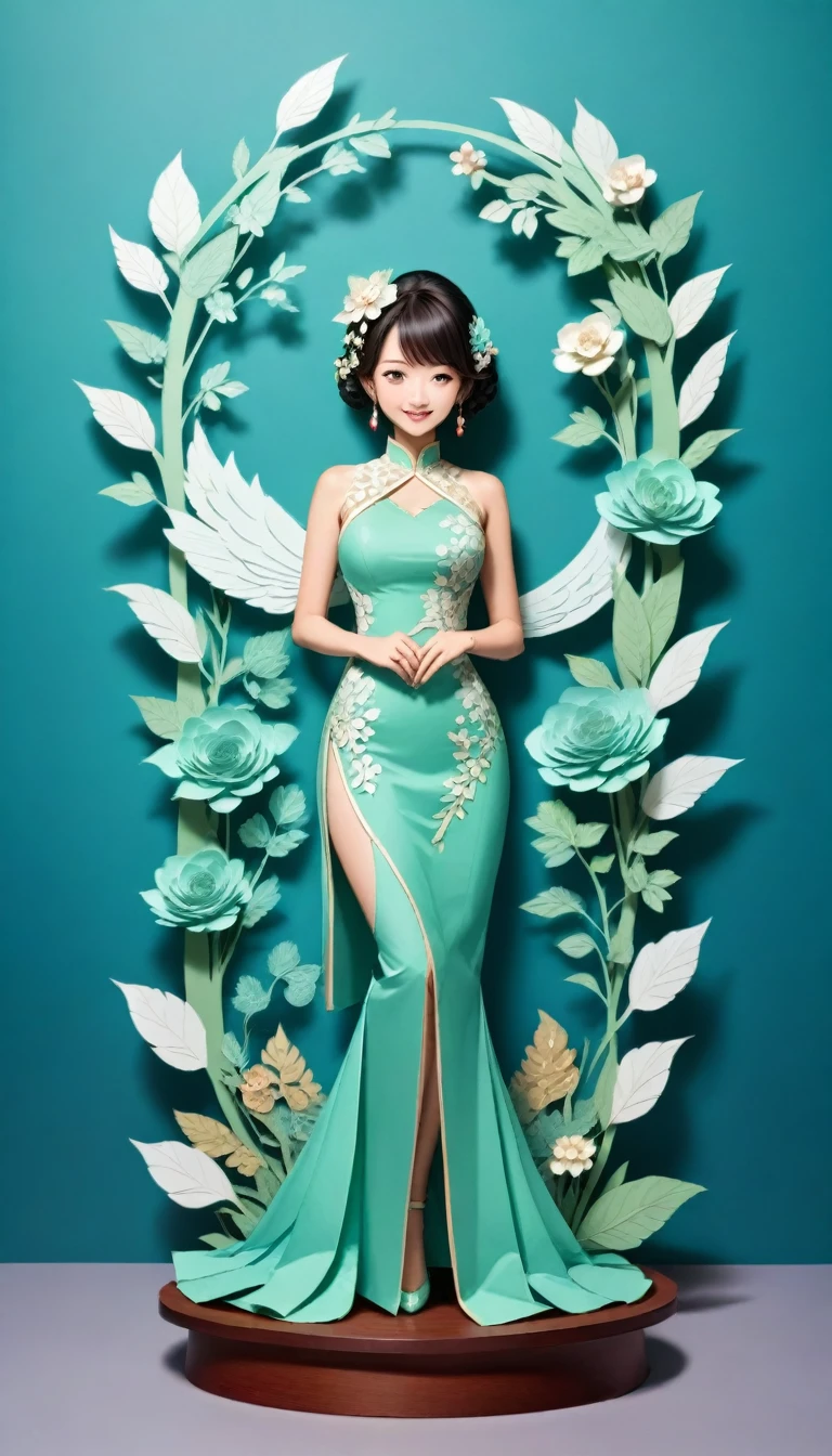 (Paper art,layered Paper art,Roll paper,Paper Cutting,Paper sculpture), 1 Cheongsam woman,fit,Perfect proportion,Exquisite hair accessories, whole body, Smile,Oriental elements,Simple background, Mint Green, (Soft lighting, Bokeh)