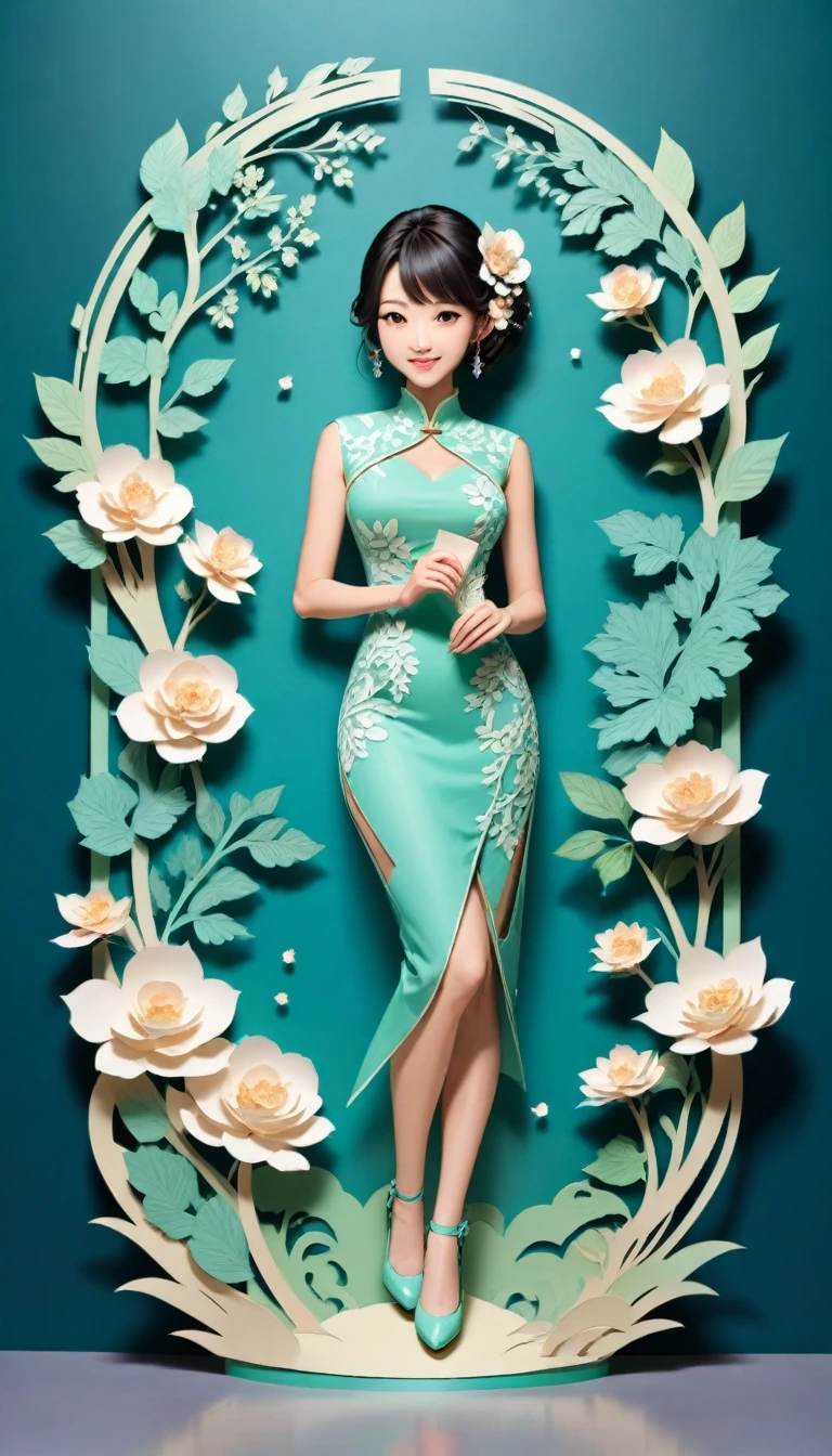 (Paper art,layered Paper art,Roll paper,Paper Cutting,Paper sculpture), 1 Cheongsam woman，fit，Perfect proportion，Exquisite hair accessories, whole body, Smile，Oriental elements，Simple background, Mint Green,  (Soft lighting, Bokeh)