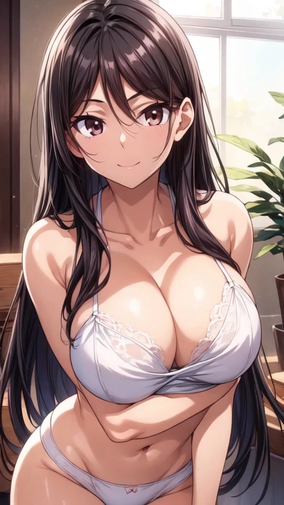 (upper body:1.4),(masterpiece:1.3),Portraiture, Realistic, (Brown eyes:1.3), (Black Hair:1.3),(Long Straight Hair:1.3),(18-year-old:1.3),(Big Breasts:1.3),(White underwear:1.4),Beautiful breasts,Beautiful underwear,Beautiful Hair,Beautiful Face,8K resolution, High quality CG, Beautiful CG,(slim:1.3),Soft Light,(arms behind back:1.4),( smile:1.3),(focus face:1.4),Ultra-high resolution,Highly detailed CG Unity 8k wallpaper,(Aesthetic Anime Eyes),(White underwear:1.4),