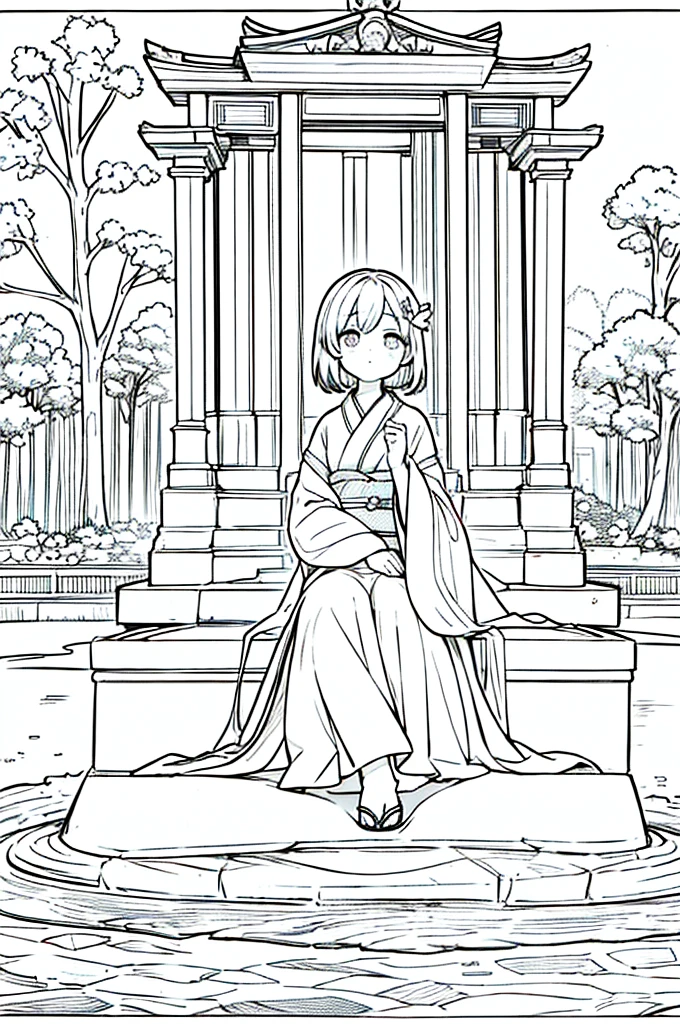 As a coloring book, the color should be black and white, the border should be simple, clear, and bold. Sitting on the well-kept stone pavement, A thoughtful Asian girl with a contemplative expression is sitting peacefully in the tranquil [Hiroshima Peace Memorial Park]. She is wearing a serene [kimono with dove pattern], the soft colors reflecting the somber atmosphere of the park. The girl's hands are folded in a gesture of respect, and her hair is adorned with a simple [hair ornament]. The park's iconic Peace Memorial Arch serves as a backdrop, adding a poignant touch to the illustration.