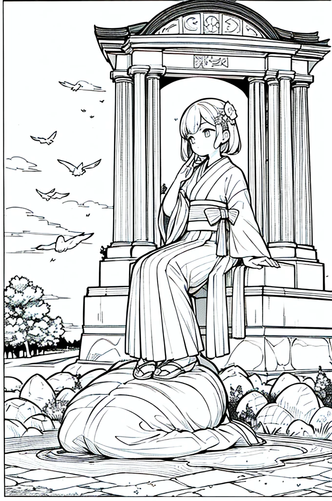 As a coloring book, the color should be black and white, the border should be simple, clear, and bold. Sitting on the well-kept stone pavement, A thoughtful Asian girl with a contemplative expression is sitting peacefully in the tranquil [Hiroshima Peace Memorial Park]. She is wearing a serene [kimono with dove pattern], the soft colors reflecting the somber atmosphere of the park. The girl's hands are folded in a gesture of respect, and her hair is adorned with a simple [hair ornament]. The park's iconic Peace Memorial Arch serves as a backdrop, adding a poignant touch to the illustration.