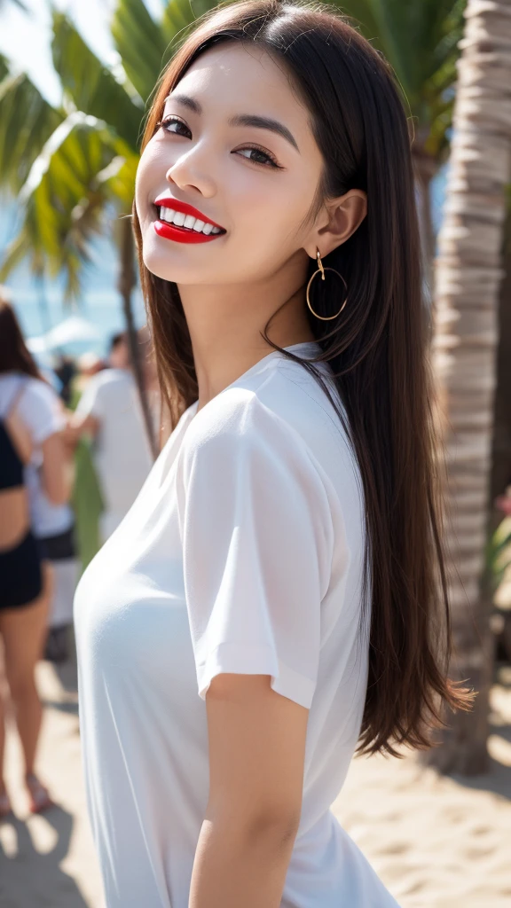 alone, whole body,Earrings, eyelash, pantyhose,, (Beach,(Palm tree),crowd,(White shirt), Floral print,Red lips),Sexy and provocative smile,, (Shiny skin:1.05),(blush:0.9),(Skin Dentition:1.15),Realistic, masterpiece, Highest quality, High resolution,Absurd, (Perfect Face:1.1), (Sharp focus:1.1),, Trending on Art Station, Trending on CGSociety, Complex, High detail, Sharp focus, dramatic,