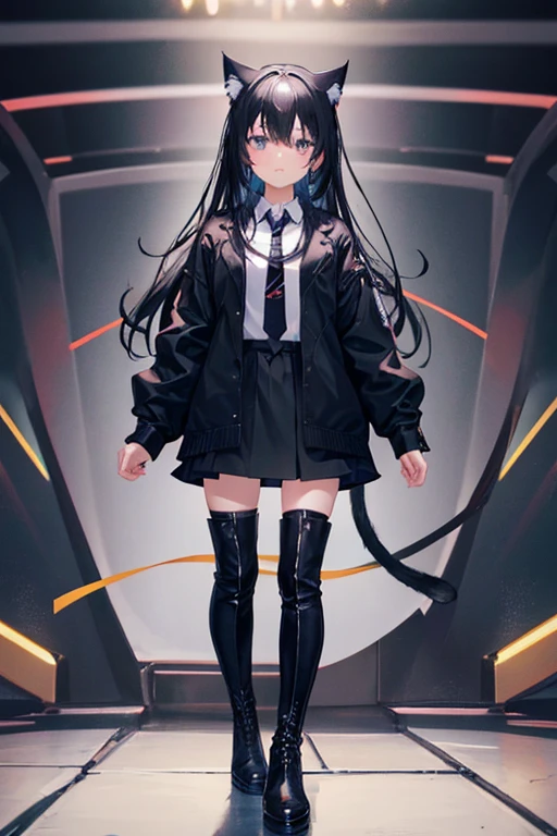 Black Hair,Black clothing,Cat ear,Girl,Poker face,tie,Standing,whole body,Black high boots