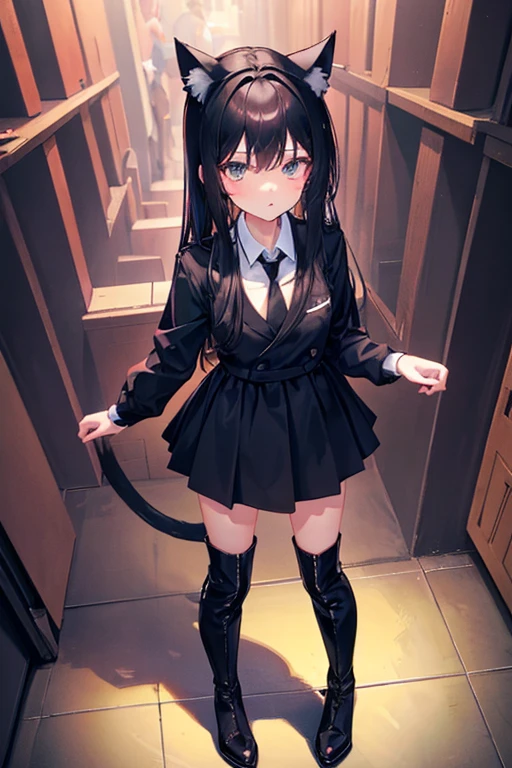 Black Hair,Black clothing,Cat ear,Girl,Poker face,tie,Standing,whole body,Black high boots