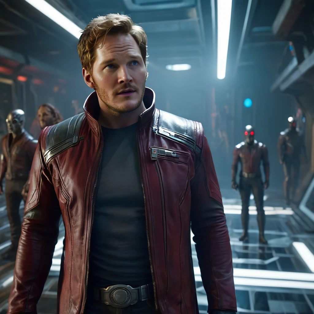 Scene from the film, Star-Lord из Marvel, close-up, Distorted Space, Twisted undead in the background, glare, light shafts, complex parts, very detailed, volumetric lighting, 4K rendering, Spare photo, hyperrealistic, realistic textures, dramatic lighting, Unreal engine