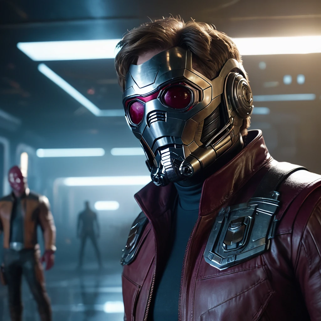 Scene from the film, Star-Lord из Marvel, close-up, Distorted Space, Twisted undead in the background, glare, light shafts, complex parts, very detailed, volumetric lighting, 4K rendering, Spare photo, hyperrealistic, realistic textures, dramatic lighting, Unreal engine