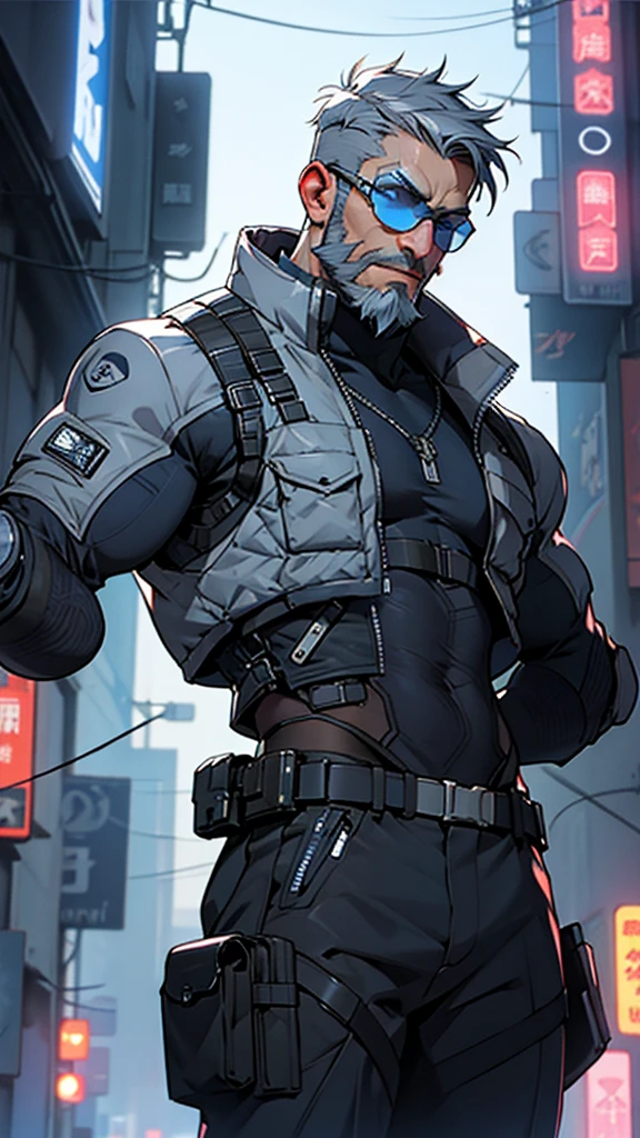 Grey and blue mesh short hair、Glasses、male、Tactical Vest、whole body、cyber punk、View here、front、beard、whole body傷跡