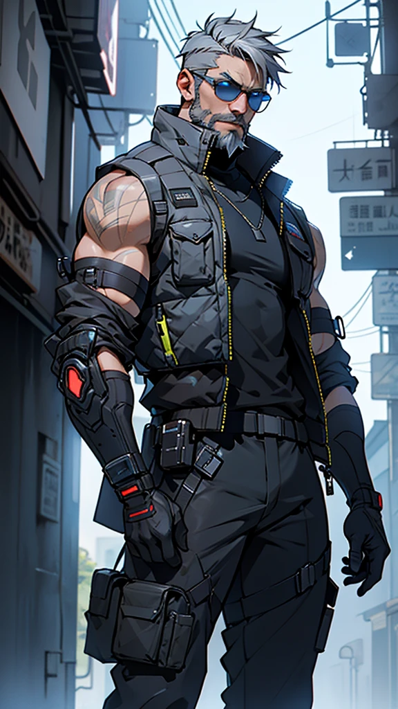 Grey and blue mesh short hair、Glasses、male、Tactical Vest、whole body、cyber punk、View here、front、beard、whole body傷跡