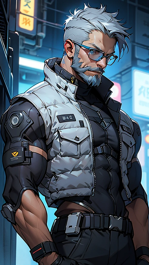 Grey and blue mesh short hair、Glasses、male、Tactical Vest、whole body、cyber punk、View here、front、beard、whole body傷跡