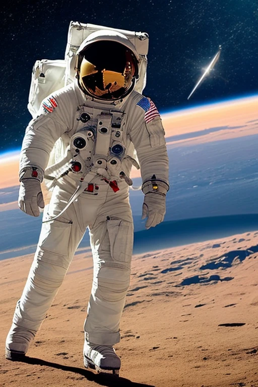 generate for me a picture of an astronaut (weraing white suit; 180 cm ; 160- cm;) in their space shuttle pointing from far away where all planets in the solar system are appearing together with the sun and put in the middle the logo of NASA(