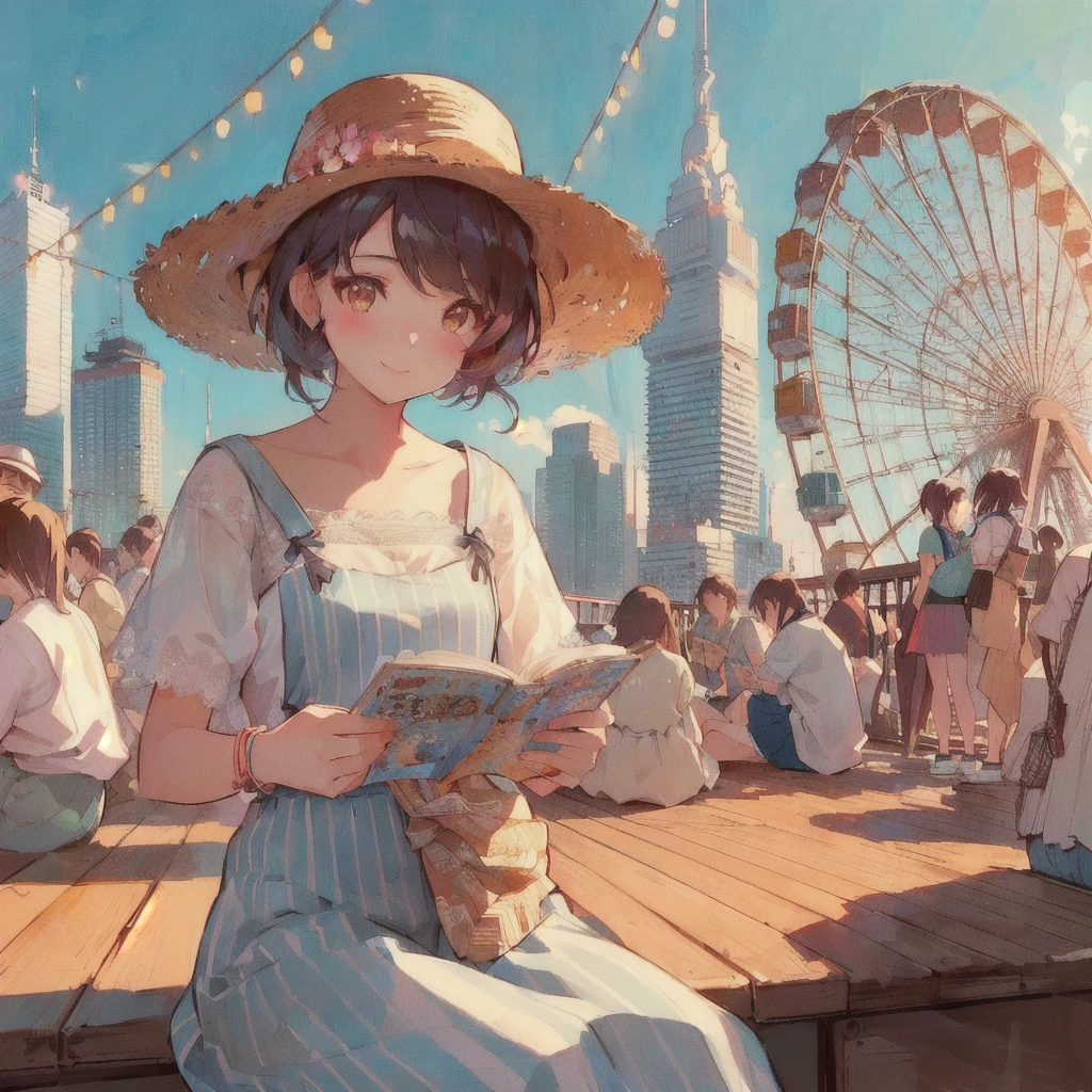 Anime girl reading a paperback book on a pier with a ferris wheel in the background, smile,Lo-fi Girl, digital Anime illustration, Gweiz-style artwork, Anime Aesthetics, Showa Town,Portrait of Rofi, Anime-style illustrations, Lo-fi Girl aesthetic, 80s anime style,Beautiful anime art style, Anime illustration, Landscapes by Ilya Kuvshinov, Tokyo Anime Scene, Summer Afternoon, Anime Style 4k