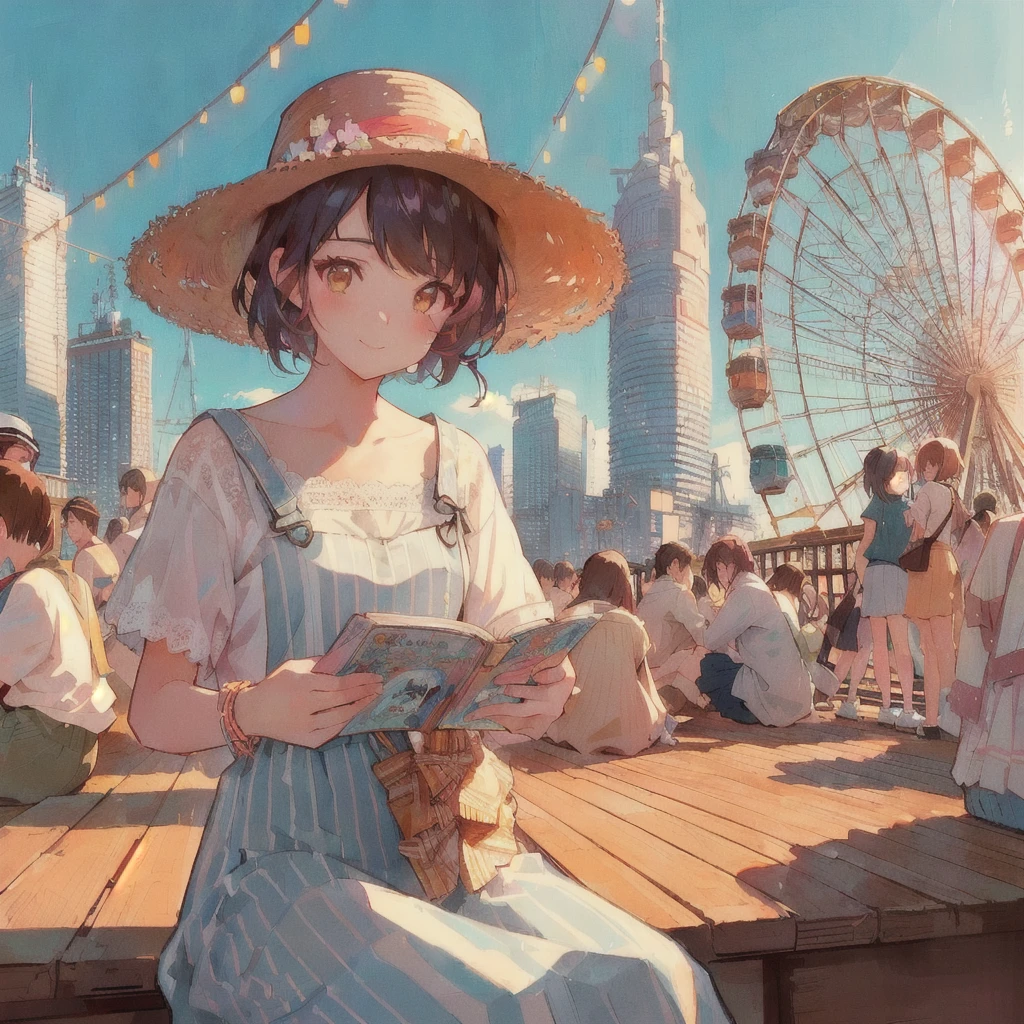 Anime girl reading a paperback book on a pier with a ferris wheel in the background, smile,Lo-fi Girl, digital Anime illustration, Gweiz-style artwork, Anime Aesthetics, Showa Town,Portrait of Rofi, Anime-style illustrations, Lo-fi Girl aesthetic, 80s anime style,Beautiful anime art style, Anime illustration, Landscapes by Ilya Kuvshinov, Tokyo Anime Scene, Summer Afternoon, Anime Style 4k
