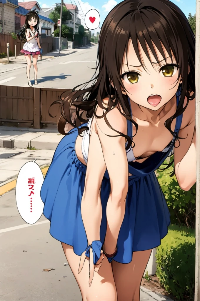 1girl,solo,yuuki mikan,, ,brown hair,, ,1girl,,,small breasts,,open mouth,,tongue,angry,(spoken heart),outdoor,,looking viewer,standing,cowboy shot,camisole,miniskirt,leaning forward