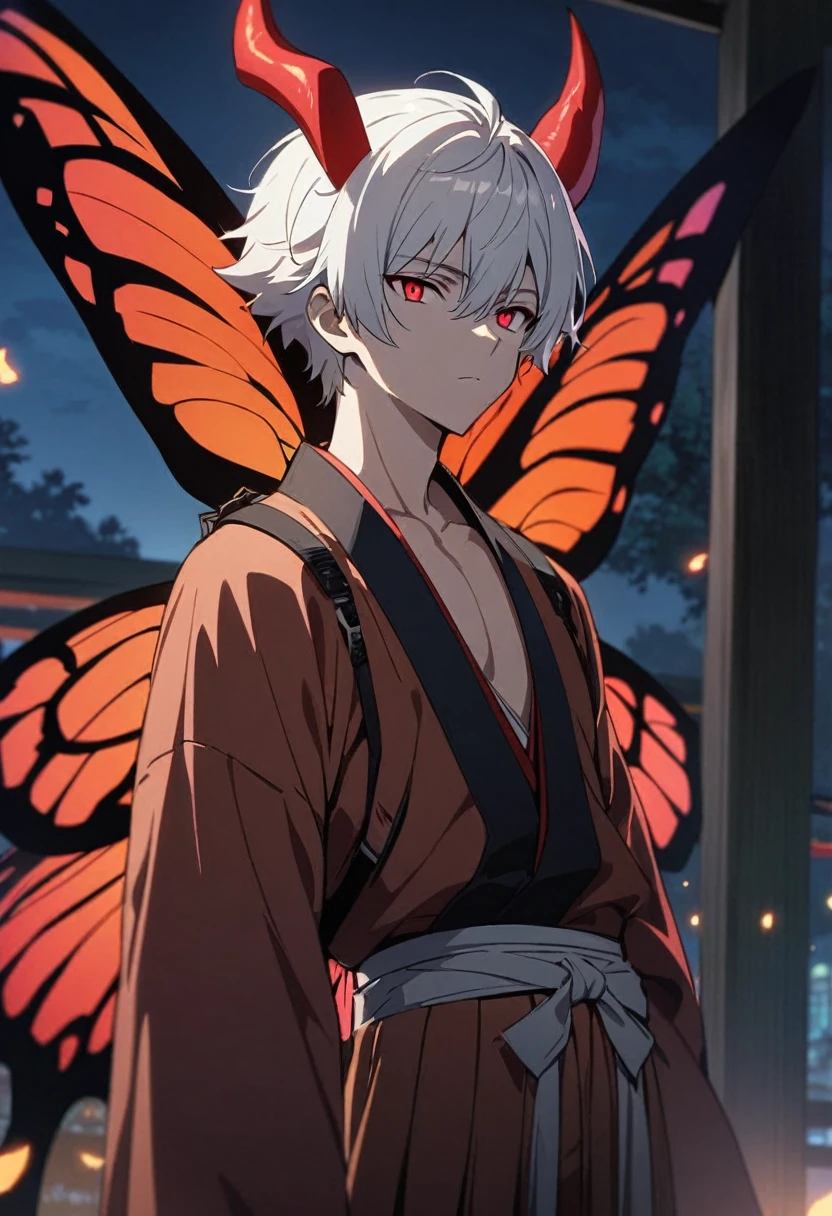 One boy, masterpiece, best quality, handsome boy, expressionless, white hair, devil horns, short hair, red eyes, hakama pants, butterfly wings on the back, black claws, night, anime