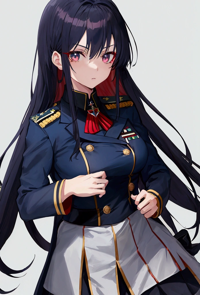 Anime is a military girl wearing a dark blue uniform with dark red elements. Black eyes, white long hair, and a scar on her neck.