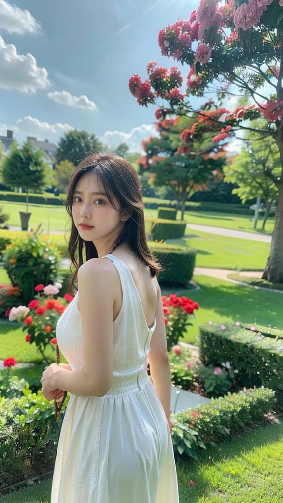 (8K、RAW photography、Highest quality、masterpiece:1.2)、(Realistic、Photorealistic:1.37)、Ultra-high resolution、One Girl、cute、solo, Browsing Caution，Highest quality，masterpiece，8K，Droopy eyes，Big Breasts，Beautiful breasts, In the English garden, Model Shooting Locations, Sexy pose, Wearing a white dress, Highly detailed face, Highly detailed lips, Fine grain, double eyelid, Exquisite detail and subtle sparkle, Photograph her in poses that reflect both grace and confidence, Enhance visual effects with cinema lighting. Use modern 2D design for the background, Create beautiful, balanced compositions. Enhance the scene with elements such as depth of field, bloom effect, And a touch of sparkle, Add a dreamy texture to the overall image. Pay close attention to detail