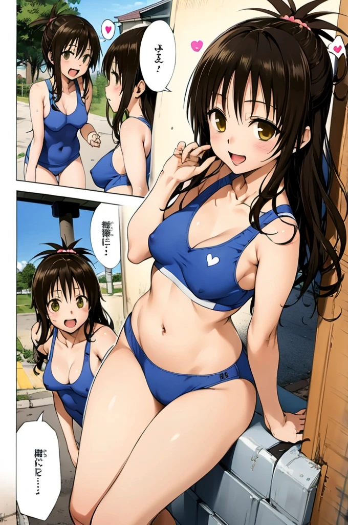 1girl,solo,yuuki mikan,, ,brown hair,, ,1girl,,,small breasts,,open mouth,,tongue,smile,(spoken heart),outdoor,,looking viewer,sports bra,panties,walking