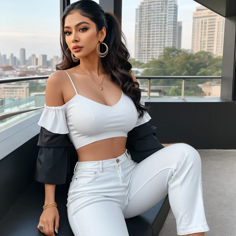 Indian girl, black shirts, white jeans