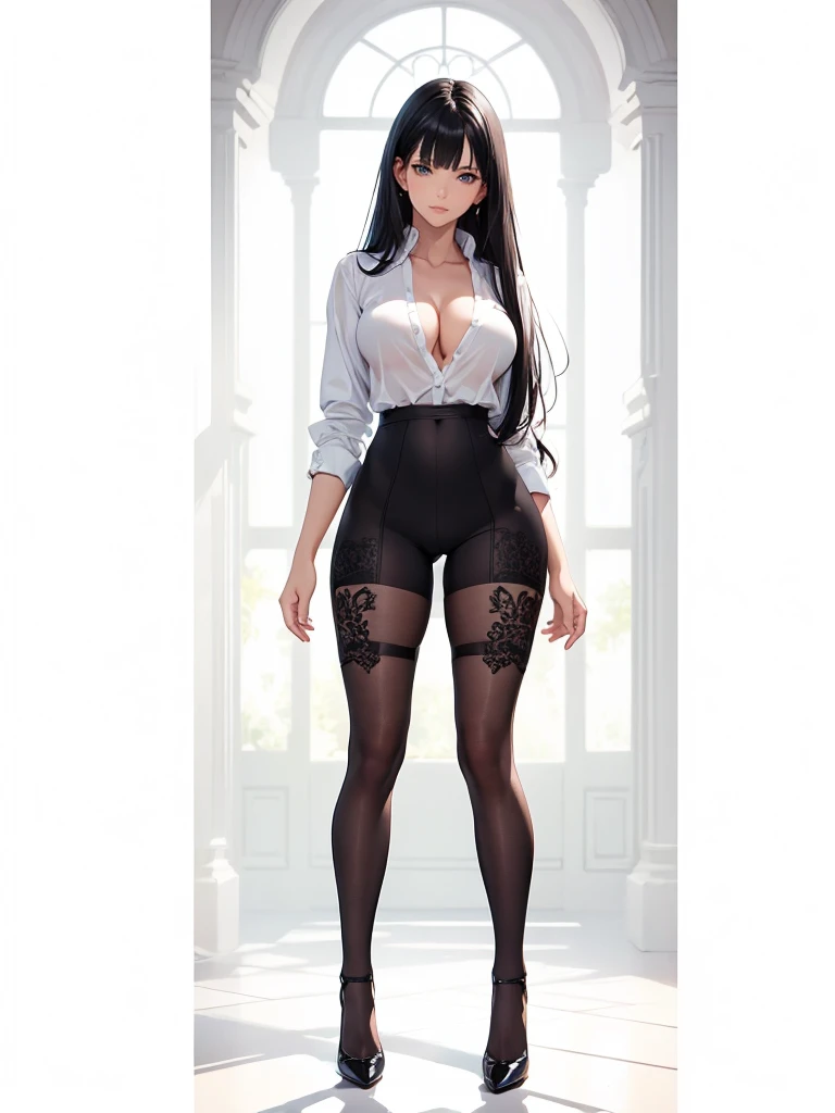 ((1girl, solo)), (((mature female))), beautiful body, (perfect anatomy, perfect body, perfect hands, perfect legs), (five fingers:1.5), natural proportions, sexy body, large breasts, cowboy shot BREAK
((extremely detailed face)), (beautiful detailed eyes:1.6), (realistic pupils, realistic iris:1), expressive eyes, looking at viewer, (clear eyes:1.3), (hyperrealistic:1.2), (detailed skin texture:1.2), smooth skin, (black hair:1.5), black eyes, hime cut, blunt bangs, long hair, (straight hair:1.5), blunt ends (detailed lips:1.2), (attractive lips:1.1), (glossy lips:1.1), (smile), parted lips, perfect face, perfect eyes BREAK
collared shirt, white shirt, collarbone, partially unbuttoned, cleavage, sleeves rolled up, shirt tucked in, black pantyhose, covered navel, high heels BREAK
Indoors, window, european architecture, furniture, room decorations BREAK
(masterpiece:1.5), anime-style, top quality, best quality, (beautiful and aesthetic:1.2), (ultra detail:1.5), Ultra-detailed depiction, Ultra-precise depiction, extremely detailed 8k illustration, high resolution, (highly detailed shading:1.2), (realistic lighting:1.4), perfect lighting, vibrant colors, dynamic tones, striking hues, 8k, absurd resolution, perfect shadows, hdr, UHD, ambient lighting, realistic, ultra-realistic, photo realistic, highly detailed, rich detail, luminous colors, fine texture, intricate design, professional illustration, (soft light:1.2), (illustration:0.7)