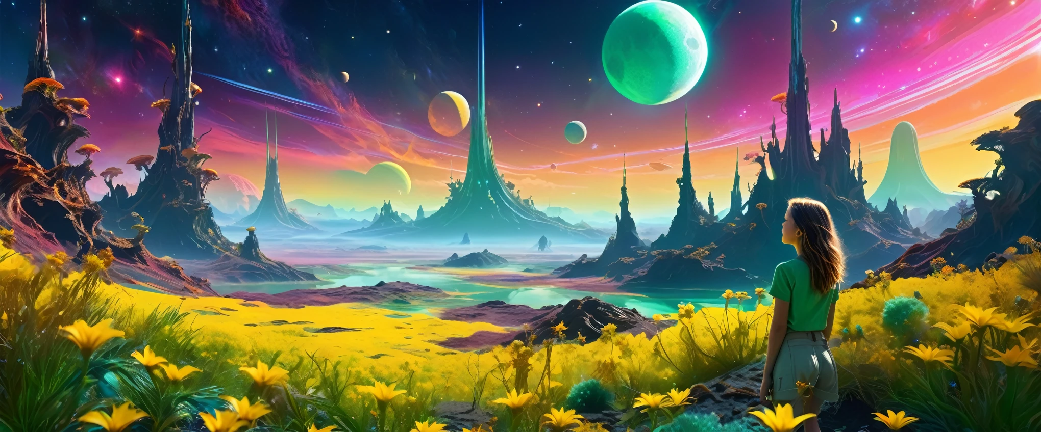 "A young girl with a sense of wonder explores an alien planet with vibrant chrome vegetation. The surreal landscape and flora create a stunning juxtaposition in a space-age paradise. green meadows and yellow flowers, stars and nebulas, a golden moon,