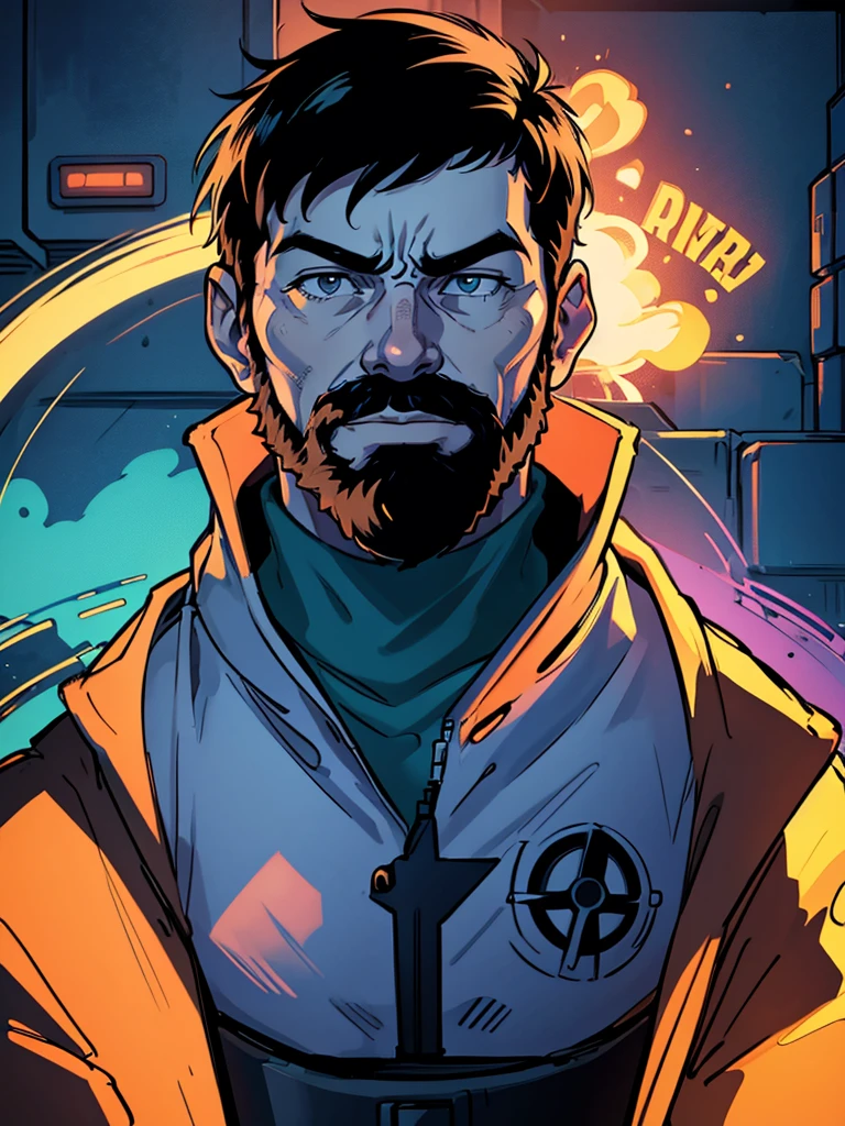 Portrait of Captain Haddock from Hergé's comics, but this is a cyberpunk style in neon colors.