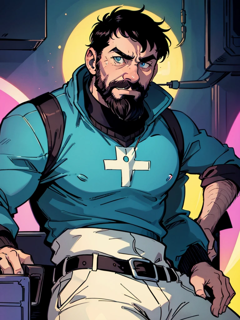 Portrait of Captain Haddock from Hergé's comics, but this is a cyberpunk style in neon colors.