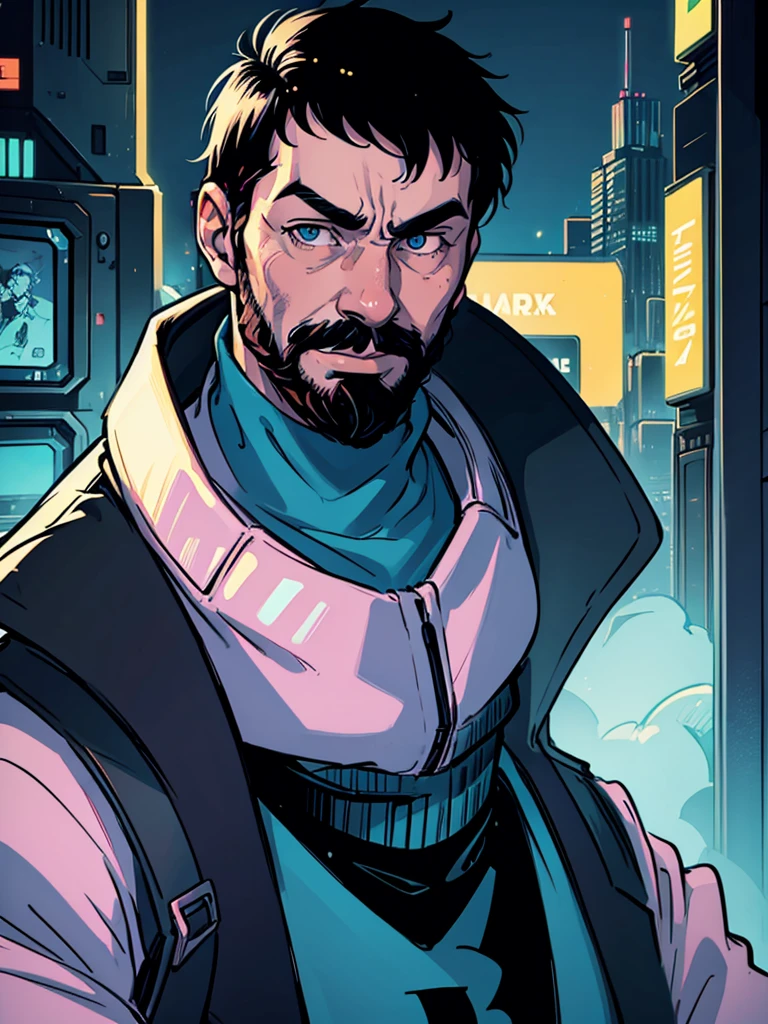 Portrait of Captain Haddock from Hergé's comics, but this is a cyberpunk style in neon colors.