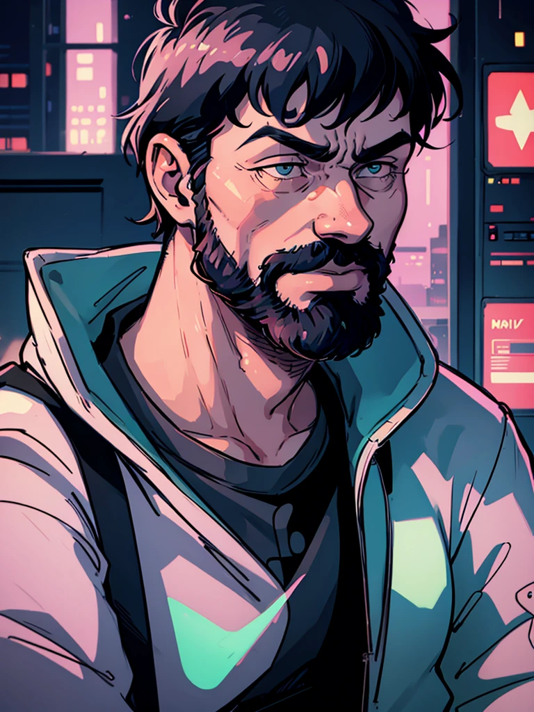 Portrait of Captain Haddock from Hergé's comics, but this is a cyberpunk style in neon colors.