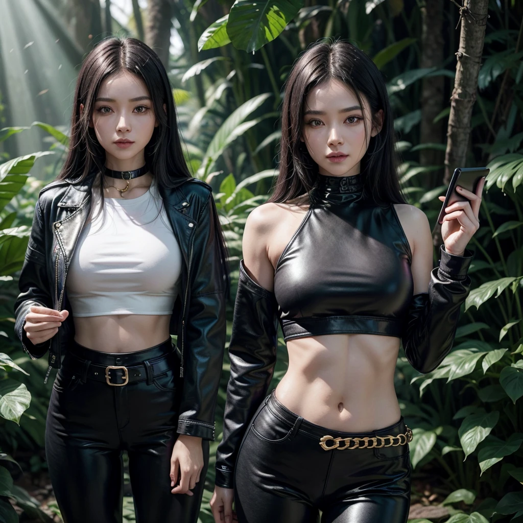 A beautiful alien woman, purple skin, 3' 10" tall, shoulder length black hair, wearing a black crop top under a blue and black leather jacket, bare midriff, black leather pants adorned with gold chains, wearing an alien pistol in a holster on her hip, holding a tablet computer, standing in a jungle, beams of sunlight shining through the canopy, 8k UHD, extremely detailed, well lit