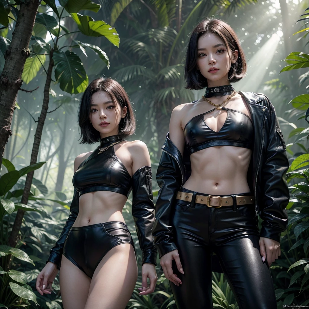 A beautiful alien woman, purple skin, 3' 10" tall, shoulder length black hair, wearing a black crop top under a blue and black leather jacket, bare midriff, black leather pants adorned with gold chains, wearing an alien pistol in a holster on her hip, holding a tablet computer, standing in a jungle, beams of sunlight shining through the canopy, 8k UHD, extremely detailed, well lit