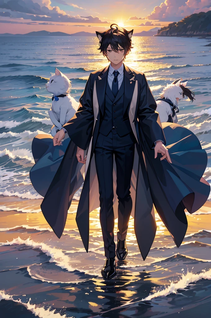 An animation character wearing a suit and tie standing in front of the water, inspired by Okumura Togyu, ((Dressed in aristocratic robes)), Neferpitu, vrcchat, Boy with cat ears and tail, Sora like a cat, with sunset, inspired by Okumura Masanobu, ((sunset)), silver eyes full body