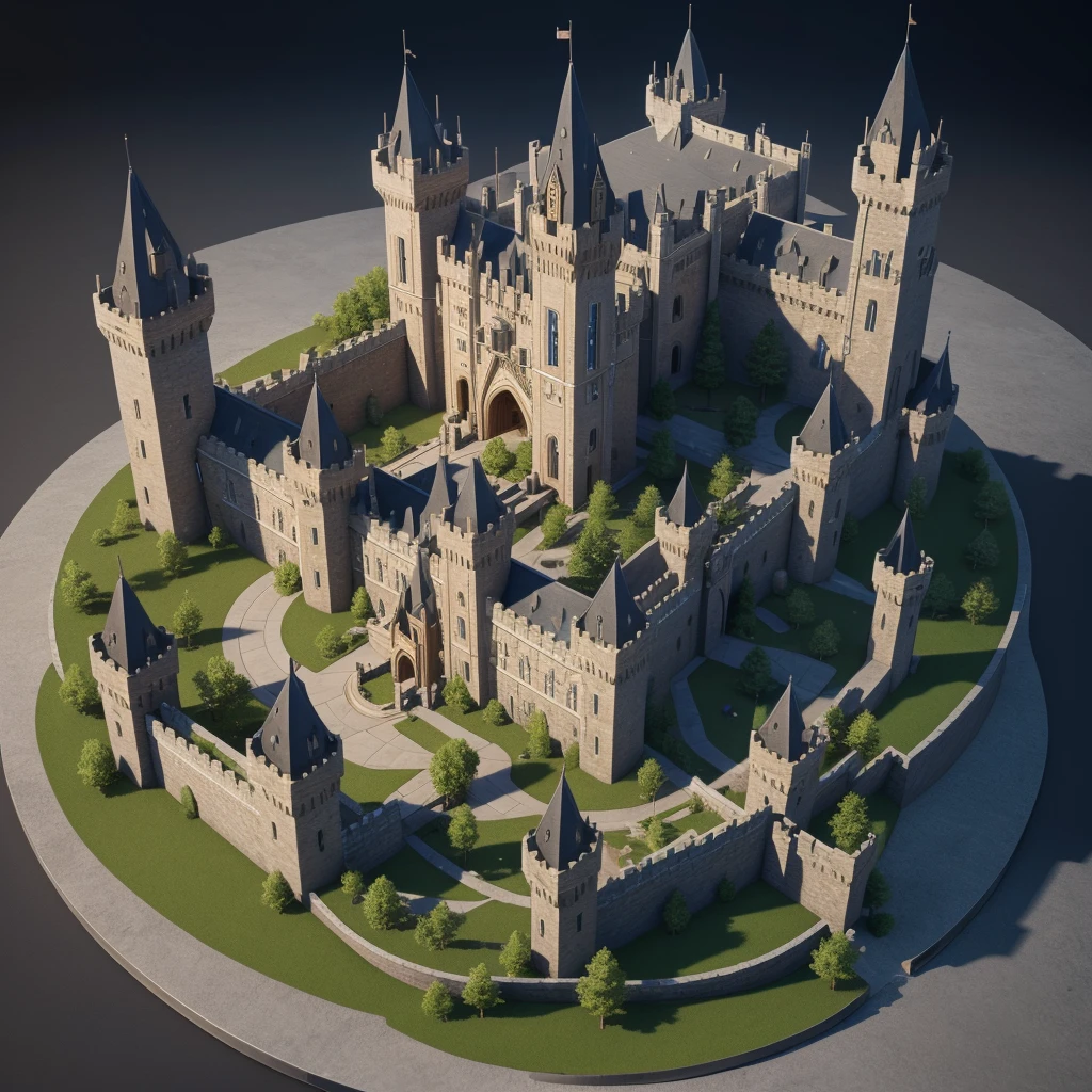 Create a fabulous ultra-realistic castle with walls made of glass with tall towers, circular walls ,in the middle of a mountain, isometric view,high quality ,Masterpiece,High level of details .