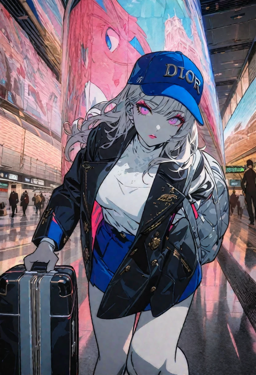 High resolution RAW color art, animation, Silver Marble Skin, (((Highly detailed elegant))), Magical atmosphere, Detailed skin, texture,(Exquisitely crafted, The finer details, Ultra-detailed art), Depth of written boundary, Silky Touch, Hyper Detail, Matte Drawing, Cobalt blue eyes, Elegant face,Red eyeshadow,dior pink lips,Neon color,suitcase,Carry a backpack,The day of departure,Black jacket,White T-shirt,Short skirt,Wearing a cap,airport,airport8K,airportのバックグラウンド,