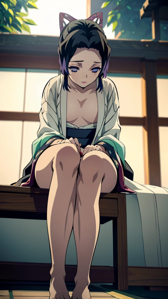 Shinobu Kocho, 1girl, beautiful detailed eyes, beautiful detailed lips, extremely detailed face and features, long eyelashes, half nude, ripped kimono, sexy, hot feet,detailed background, cinematic lighting, highly detailed, 8k, photorealistic, masterpiece , anime style , 