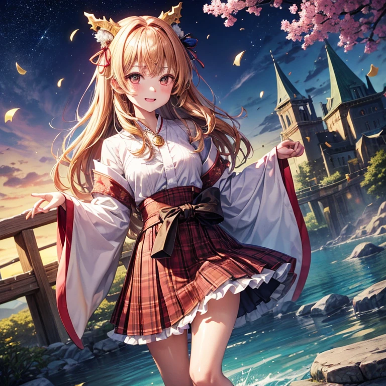Pink, red, brown, gold, gold hair、Red gold eyes、Hair tied up、One good looking girl、solo、anime、Checkered mini skirt、Ruffles on the skirt、Checked dress、blouse、Kimono、Black knee-high socks、Ribbon、Ribbon on waist、Teeth are visible、Sparkly Necklace、From above、Cobblestones、waterfall、Starry Sky、Midnight Moon、suspension bridge、beam、Standing still、Transparent、Dragon flying、goddess、Edo、Confetti、Kicking、Arranging stones、Uphill、An old castle built on a rocky mountain