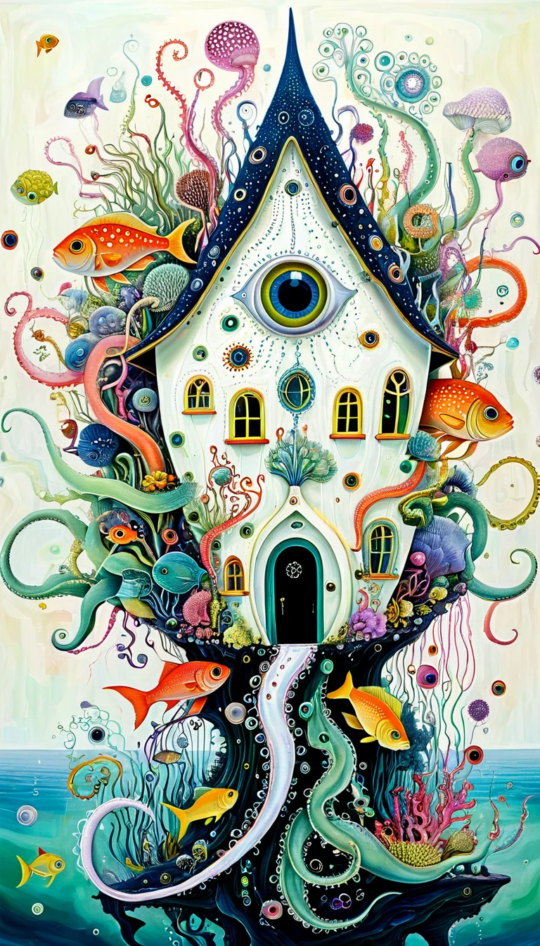 "Dick Ellescas Artist Style",A strange house on a calm sea,fish,Tentacles,Eye、diatom,Stitching together an abstract painting,Describing the inner world of autistic people,Sense of space,White Space,interesting,Innocence,Psychedelic Art,theme