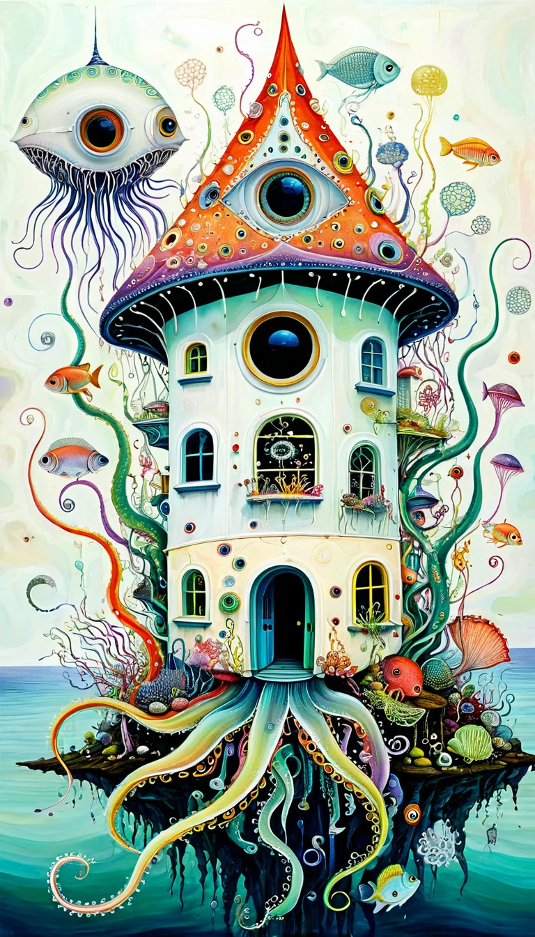 "Dick Ellescas Artist Style",A strange house on a calm sea,fish,Tentacles,Eye、diatom,Stitching together an abstract painting,Describing the inner world of autistic people,Sense of space,White Space,interesting,Innocence,Psychedelic Art,theme