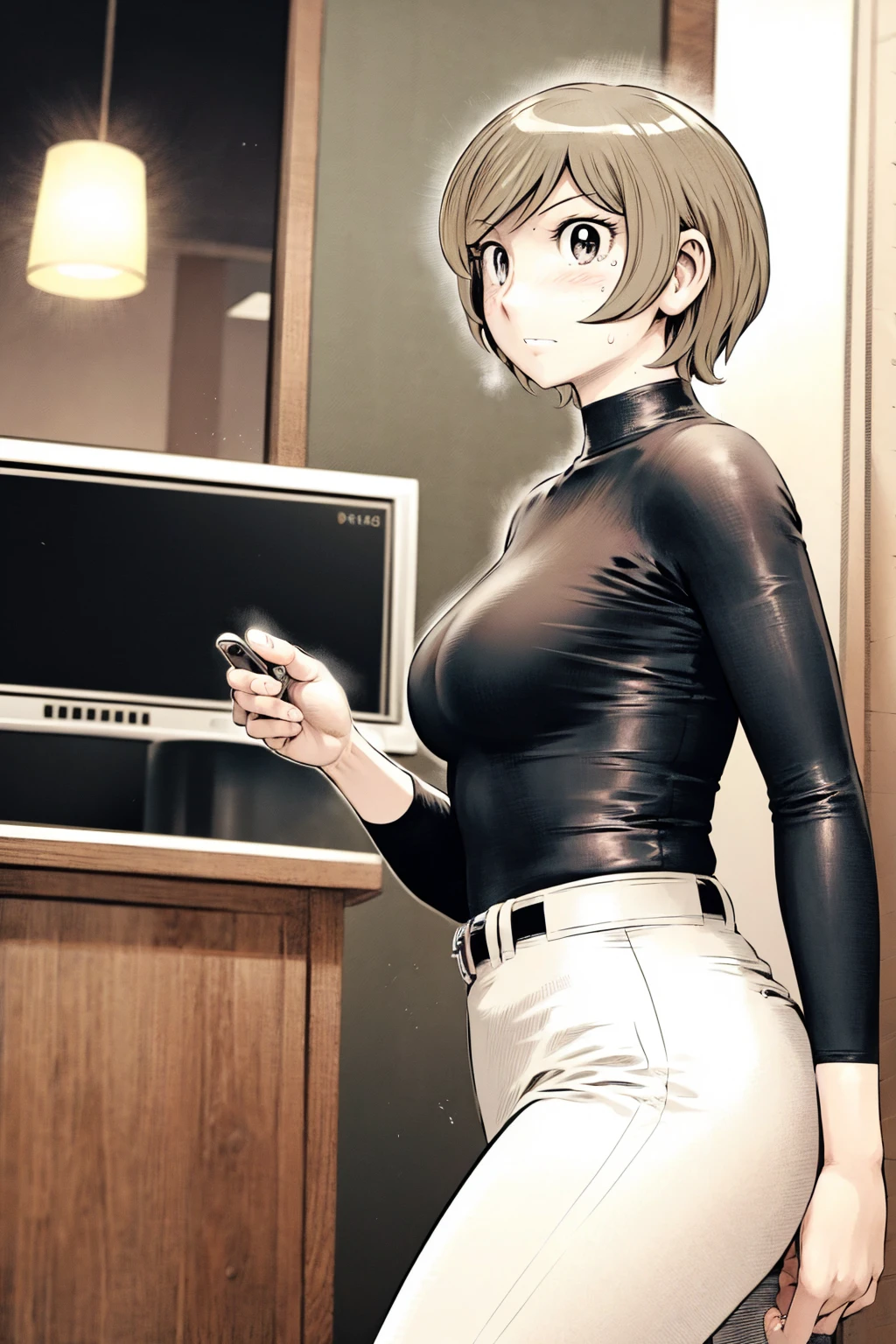、(masterpiece、Highest quality)、Highest quality, Ultra-high resolution, (((masterpiece))), alone, Sweat、Big eyes,Tight black shirt、Tight white pants、belt、indoor、Composition from the front、(Cut the back hair short、short hair、blonde、woman)、Shortcuts、Embarrassed face、Cut your hair short、可愛いwomanの子、Big Breasts、office
