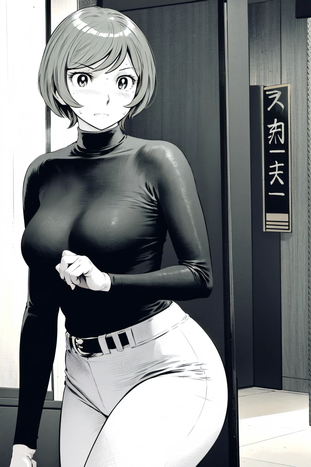 、(masterpiece、Highest quality)、Highest quality, Ultra-high resolution, (((masterpiece))), alone, Sweat、Big eyes,Tight black shirt、Tight white pants、belt、indoor、Composition from the front、(Cut the back hair short、short hair、blonde、woman)、Shortcuts、Embarrassed face、Cut your hair short、可愛いwomanの子、Big Breasts、office