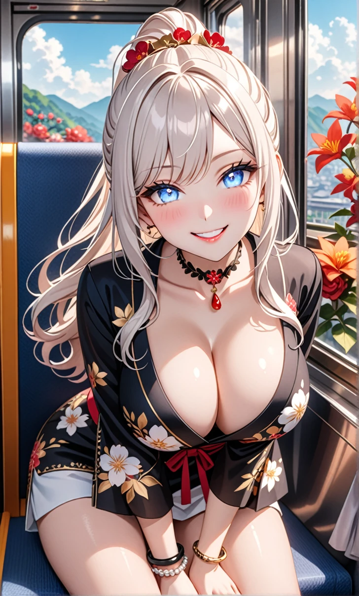 ultra-detailed, ((one girl)), (pale skin:1.3), in pastel colors gyaru, (heavy makeup), hyper detailed, absurdres, 8K, Beautiful Face, (Laugh shyly), ((teasing smile:1.8)), ((Wink:1.6)), (Laugh with your mouth wide open),((Tilt your face:1.6)), View your viewers, ((full-face blushed:1.5)),Glossy Red Lips, ((???????????:1.5)), ((show off ??????)), ((??????????)),  noon, on the train, (Brighten your face), ((Anime style background)),masterpiece, Highest quality, so beautiful,Latest, Complex details, (Pink long nails), (nail art), (ring),(bracelet), (Floral Choker),AI-generated, Complex,High resolution, Highest quality, super high quality,3D Images、3D Images,One person,Long white hair,(High Ponytail), (wavy hair:1.3), White haired anime woman posing for a photo, ((Fine grain、blue eyes、glowing eyes:1.5)), (Squint your eyes:1.1),a hyperRealistic , hyperRealistic , Realistic,Anime woman with long white hair, Smooth anime CG art, (A girl in a gorgeous black kimono), ((Black furisode:1.3)), (Gold embroidery), (Red floral embroidery),ring,Mature Body, tall,Narrow waist, ((Sit in the seat)), ((leaning forward:1.6)), ((hand between legs:1.5)), (from above), 