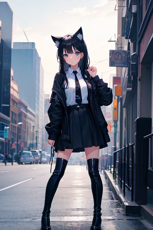 Black Hair,Black clothing,Cat ear,Girl,Poker face,tie,Standing,whole body,Black high boots
